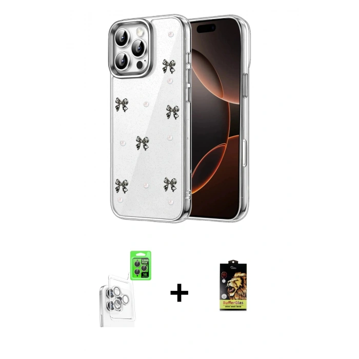 MARSİLYAN™- iPhone 16 Pro Kılıf Yörünge Form - Siyah Buffer Cam Ekran Koruyucu + Raze Metal Kamera Lens - BZ