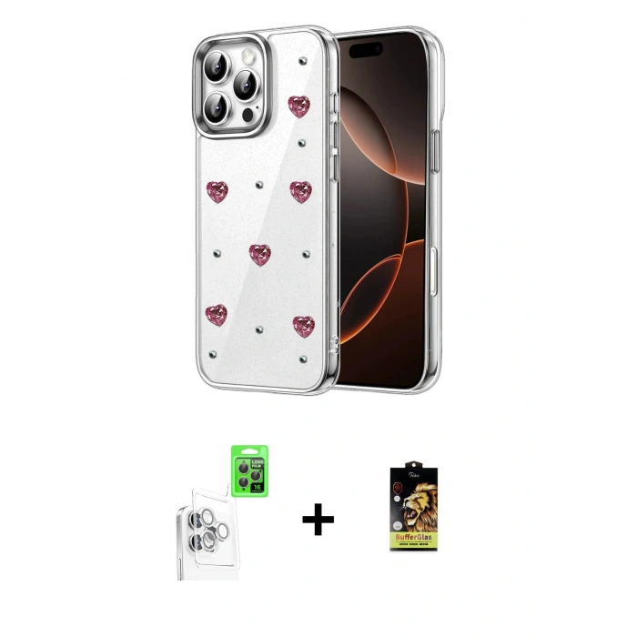MARSİLYAN™- iPhone 16 Pro Kılıf Yörünge Form - Siyah Buffer Cam Ekran Koruyucu + Raze Metal Kamera Lens - BZ