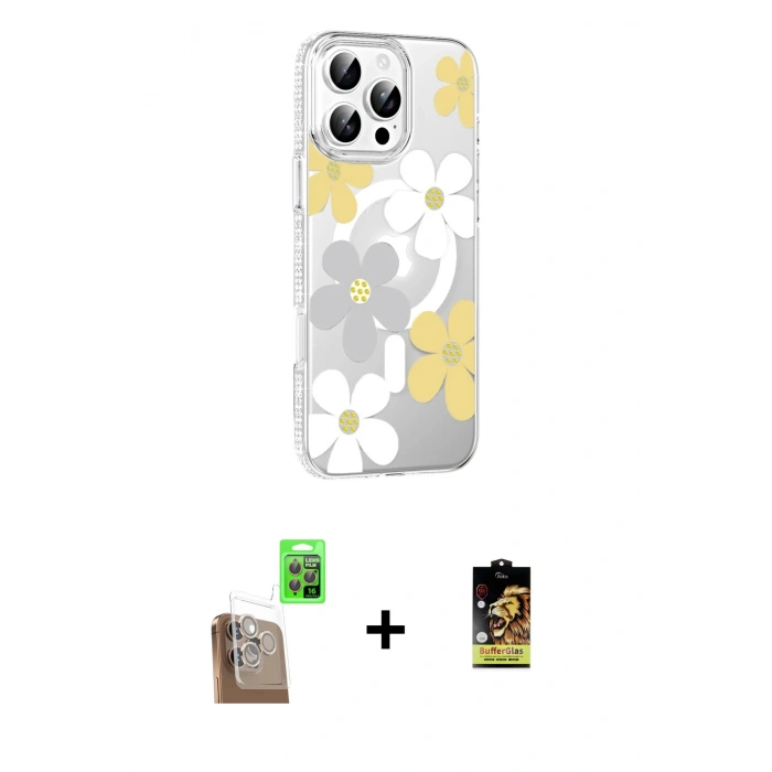 MARSİLYAN™- iPhone 16 Pro Kılıf Yörünge Işık Prime - Siyah Buffer Cam Ekran Koruyucu + Raze Metal Kamera Lens - CLTM