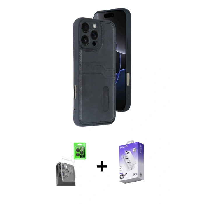MARSİLYAN™- iPhone 16 Pro Kılıf Yörünge Işık Serisi - Siyah Bilvis 5in1 3D Magic Cam Ekran Koruyucu + Raze Metal Kamera Lens - SH