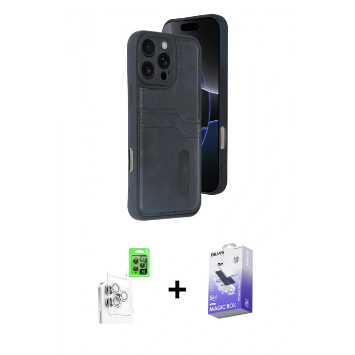 MARSİLYAN™- iPhone 16 Pro Kılıf Yörünge Işık Serisi - Siyah Bilvis 5in1 5D Magic Hayalet Cam Ekran Koruyucu + Raze Metal Kamera Lens - BZ