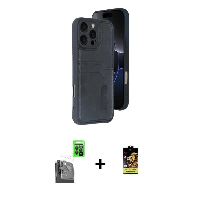 MARSİLYAN™- iPhone 16 Pro Kılıf Yörünge Işık Serisi - Siyah Buffer Cam Ekran Koruyucu + Raze Metal Kamera Lens - SH