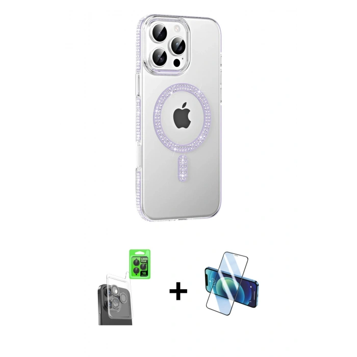 MARSİLYAN™- iPhone 16 Pro Kılıf Yörünge Koleksiyonu - Siyah 3D Antistatik Cam Ekran Koruyucu + Raze Metal Kamera Lens - SH