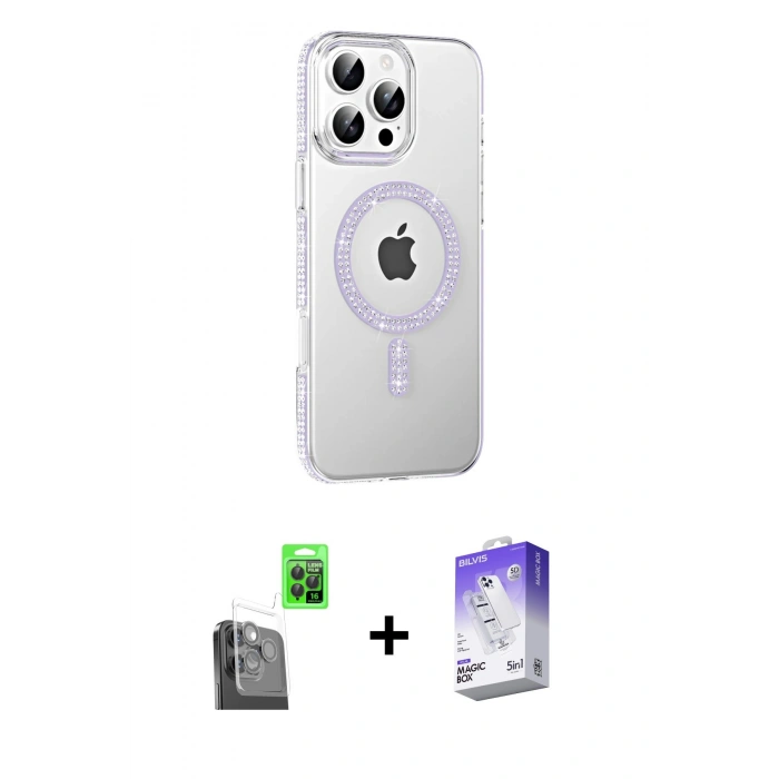 MARSİLYAN™- iPhone 16 Pro Kılıf Yörünge Koleksiyonu - Siyah Bilvis 5in1 3D Magic Cam Ekran Koruyucu + Raze Metal Kamera Lens - SH