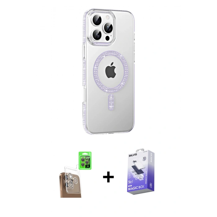 MARSİLYAN™- iPhone 16 Pro Kılıf Yörünge Koleksiyonu - Siyah Bilvis 5in1 5D Magic Hayalet Cam Ekran Koruyucu + Raze Metal Kamera Lens - CLTM
