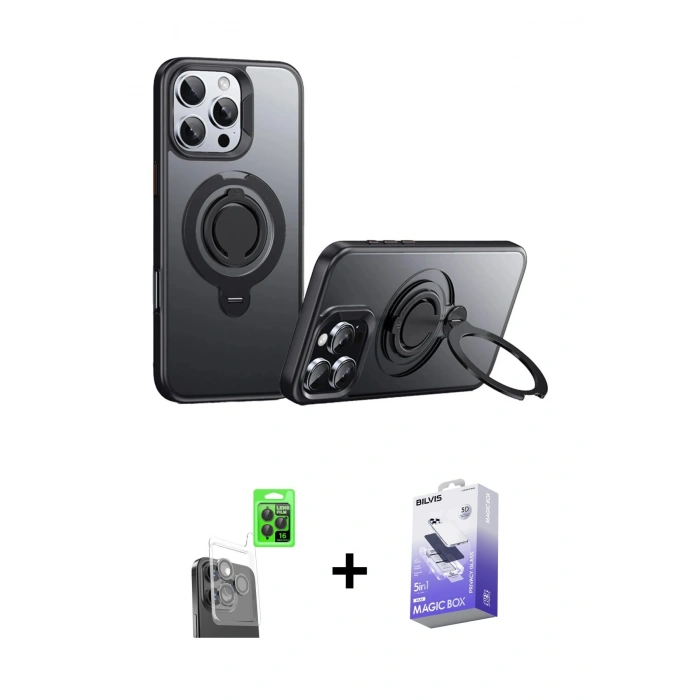 MARSİLYAN™- iPhone 16 Pro Kılıf Zirve Çizgi Prime - Siyah Bilvis 5in1 5D Magic Hayalet Cam Ekran Koruyucu + Raze Metal Kamera Lens - SH