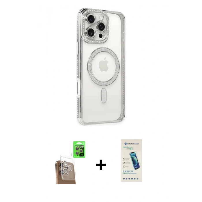MARSİLYAN™- iPhone 16 Pro Kılıf Zirve Doku Prime - Şeffaf Pasifik Cam Ekran Koruyucu + Raze Metal Kamera Lens - CLTM