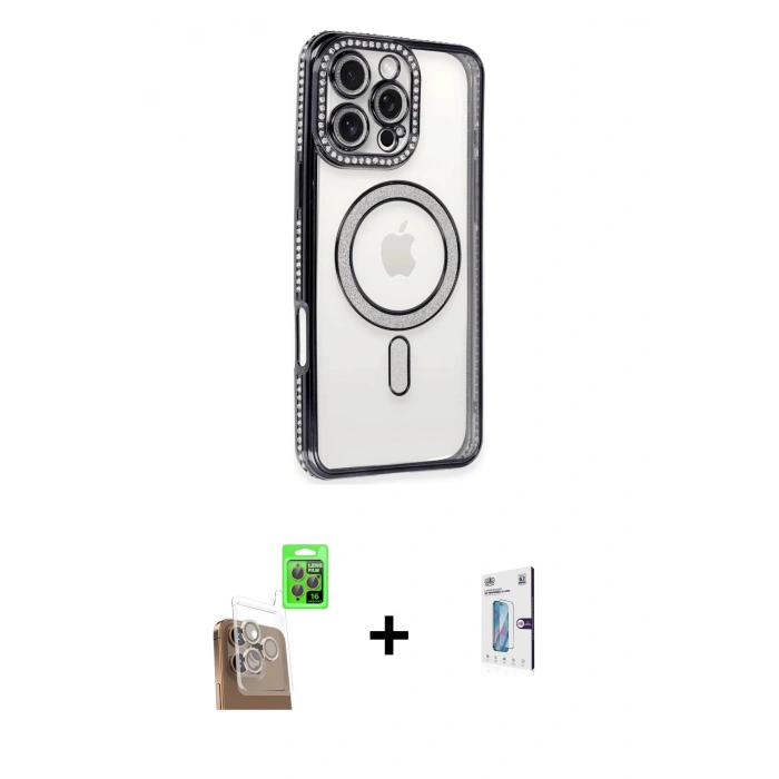 MARSİLYAN™- iPhone 16 Pro Kılıf Zirve Doku Prime - Siyah Bilvis 0.18mm Plus Cam Ekran Koruyucu + Raze Metal Kamera Lens - CLTM