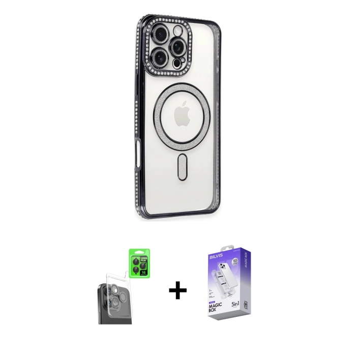 MARSİLYAN™- iPhone 16 Pro Kılıf Zirve Doku Prime - Siyah Bilvis 5in1 3D Magic Cam Ekran Koruyucu + Raze Metal Kamera Lens - SH