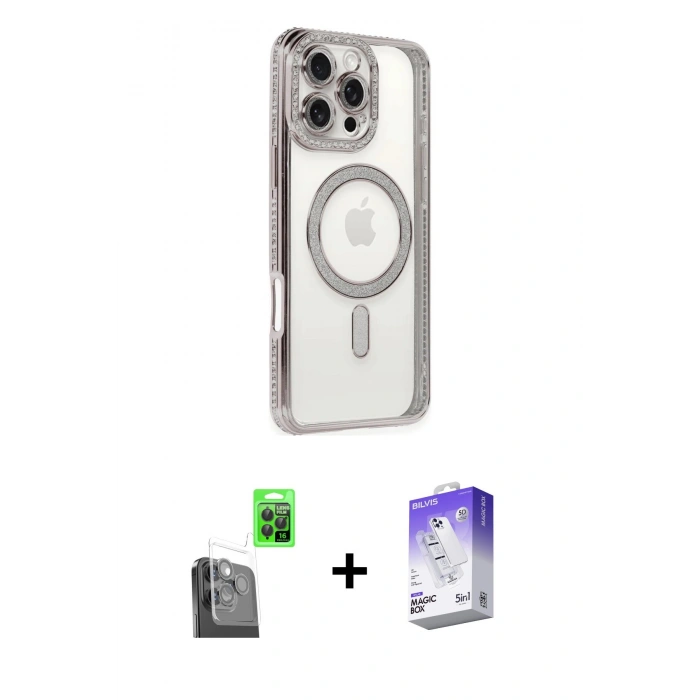 MARSİLYAN™- iPhone 16 Pro Kılıf Zirve Doku Prime - Siyah Bilvis 5in1 3D Magic Cam Ekran Koruyucu + Raze Metal Kamera Lens - SH