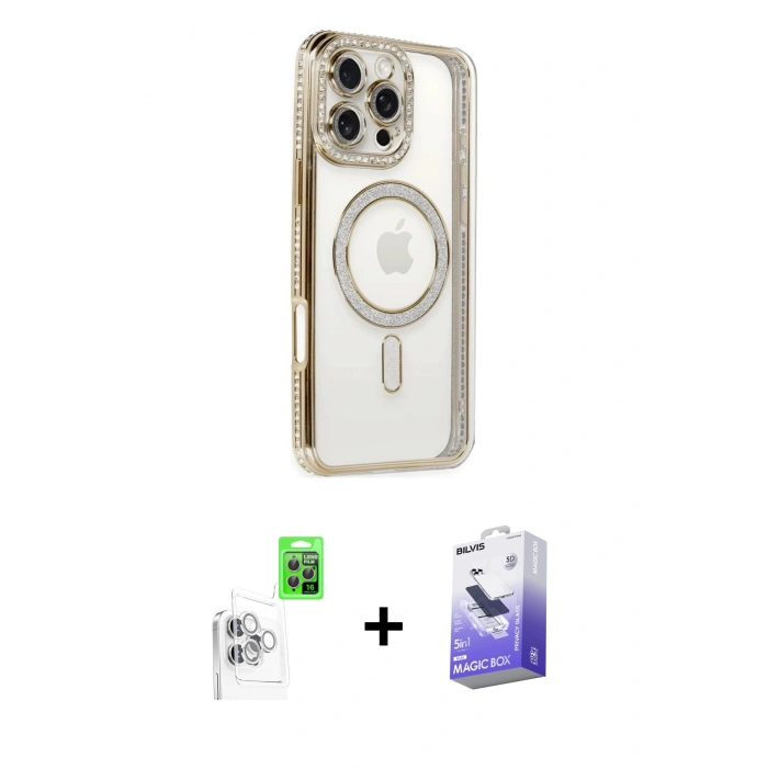 MARSİLYAN™- iPhone 16 Pro Kılıf Zirve Doku Prime - Siyah Bilvis 5in1 5D Magic Hayalet Cam Ekran Koruyucu + Raze Metal Kamera Lens - BZ