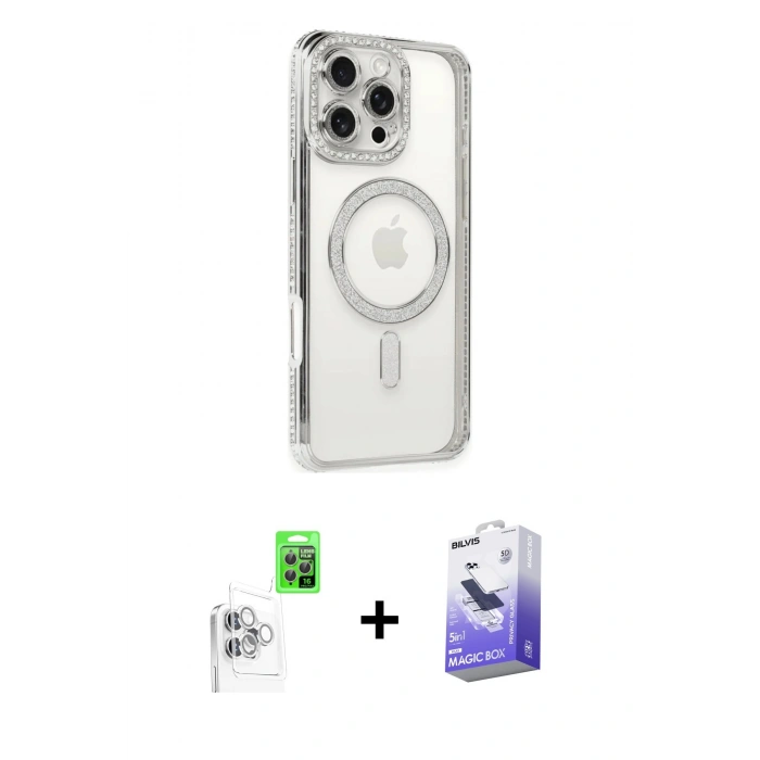 MARSİLYAN™- iPhone 16 Pro Kılıf Zirve Doku Prime - Siyah Bilvis 5in1 5D Magic Hayalet Cam Ekran Koruyucu + Raze Metal Kamera Lens - BZ