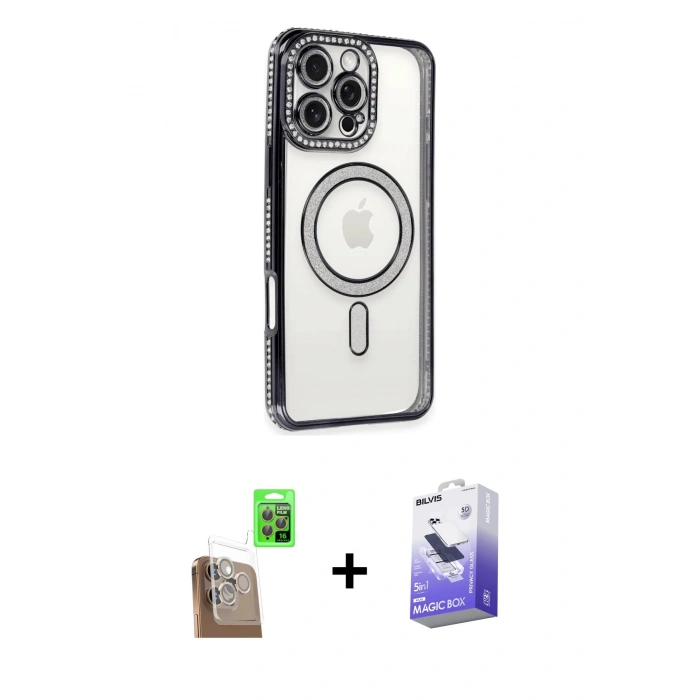 MARSİLYAN™- iPhone 16 Pro Kılıf Zirve Doku Prime - Siyah Bilvis 5in1 5D Magic Hayalet Cam Ekran Koruyucu + Raze Metal Kamera Lens - CLTM