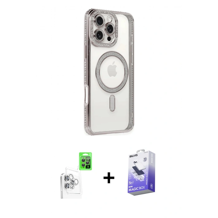 MARSİLYAN™- iPhone 16 Pro Kılıf Zirve Doku Prime - Siyah Bilvis 5in1 5D Magic Hayalet Cam Ekran Koruyucu + Raze Metal Kamera Lens - BZ