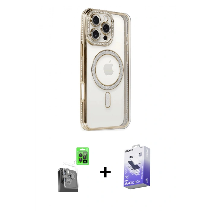 MARSİLYAN™- iPhone 16 Pro Kılıf Zirve Doku Prime - Siyah Bilvis 5in1 5D Magic Hayalet Cam Ekran Koruyucu + Raze Metal Kamera Lens - SH
