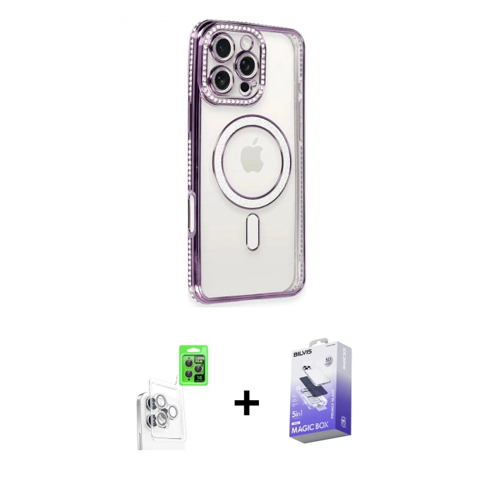 MARSİLYAN™- iPhone 16 Pro Kılıf Zirve Doku Prime - Siyah Bilvis 5in1 5D Magic Hayalet Cam Ekran Koruyucu + Raze Metal Kamera Lens - BZ
