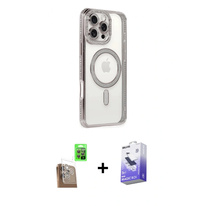 MARSİLYAN™- iPhone 16 Pro Kılıf Zirve Doku Prime - Siyah Bilvis 5in1 5D Magic Hayalet Cam Ekran Koruyucu + Raze Metal Kamera Lens - CLTM
