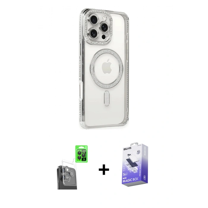 MARSİLYAN™- iPhone 16 Pro Kılıf Zirve Doku Prime - Siyah Bilvis 5in1 5D Magic Hayalet Cam Ekran Koruyucu + Raze Metal Kamera Lens - SH