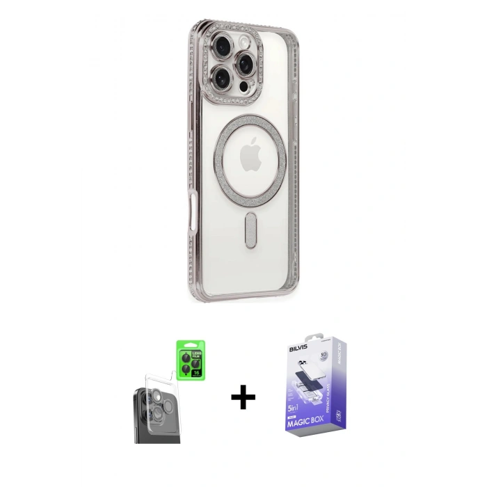 MARSİLYAN™- iPhone 16 Pro Kılıf Zirve Doku Prime - Siyah Bilvis 5in1 5D Magic Hayalet Cam Ekran Koruyucu + Raze Metal Kamera Lens - SH