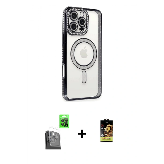 MARSİLYAN™- iPhone 16 Pro Kılıf Zirve Doku Prime - Siyah Buffer Cam Ekran Koruyucu + Raze Metal Kamera Lens - SH