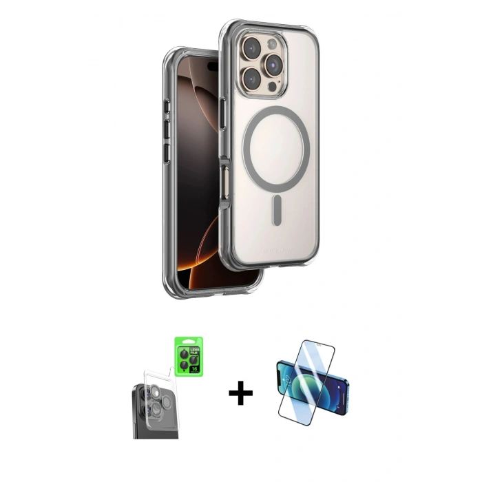 MARSİLYAN™- iPhone 16 Pro Kılıf Zirve Klasik Prime - Siyah 3D Antistatik Cam Ekran Koruyucu + Raze Metal Kamera Lens - SH