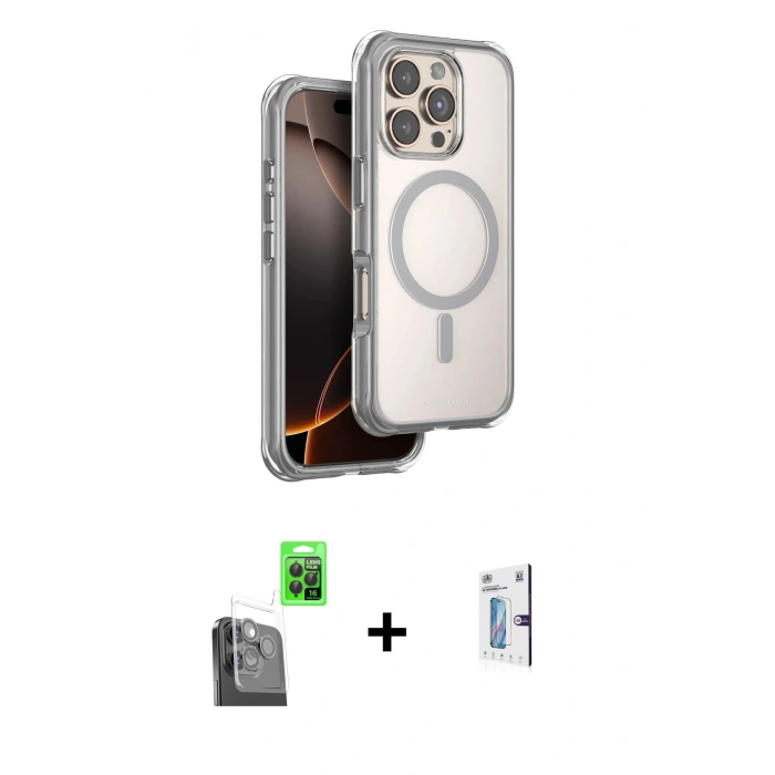 MARSİLYAN™- iPhone 16 Pro Kılıf Zirve Klasik Prime - Siyah Bilvis 0.18mm Plus Cam Ekran Koruyucu + Raze Metal Kamera Lens - SH
