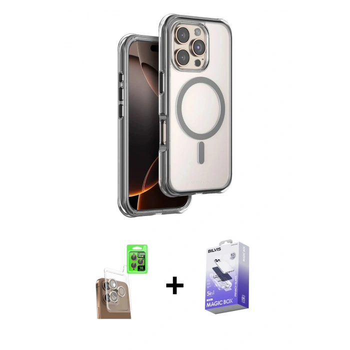 MARSİLYAN™- iPhone 16 Pro Kılıf Zirve Klasik Prime - Siyah Bilvis 5in1 5D Magic Hayalet Cam Ekran Koruyucu + Raze Metal Kamera Lens - CLTM