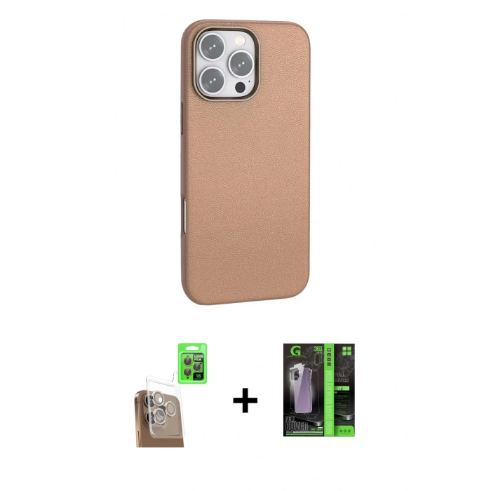 MARSİLYAN™- iPhone 16 Pro Kılıf Zirve Modern Prime - Şeffaf 360 Full Body Arka Koruyucu + Çöl Titanyum Raze Metal Kamera Lens