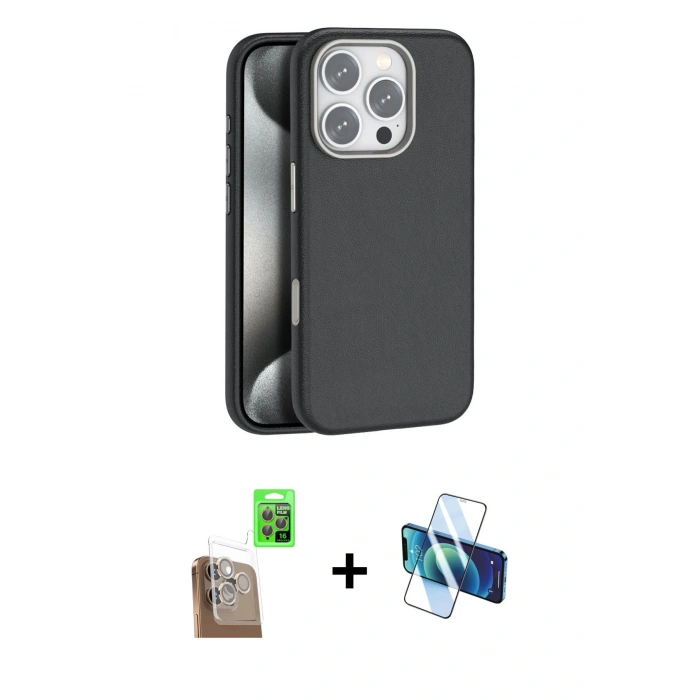 MARSİLYAN™- iPhone 16 Pro Kılıf Zirve Modern Prime - Siyah 3D Antistatik Cam Ekran Koruyucu + Raze Metal Kamera Lens - CLTM
