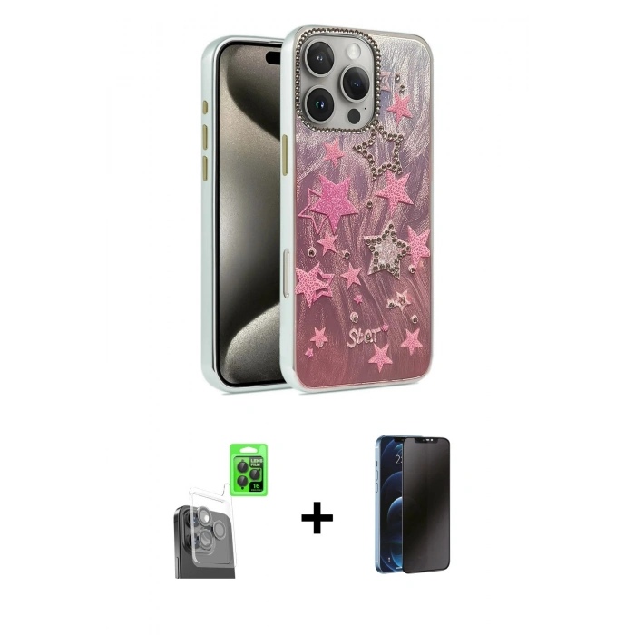 MARSİLYAN™- iPhone 16 Pro Kılıf Zirve Modern Prime - Siyah 3D Antistatik Hayalet Cam Ekran Koruyucu + Raze Metal Kamera Lens - SH