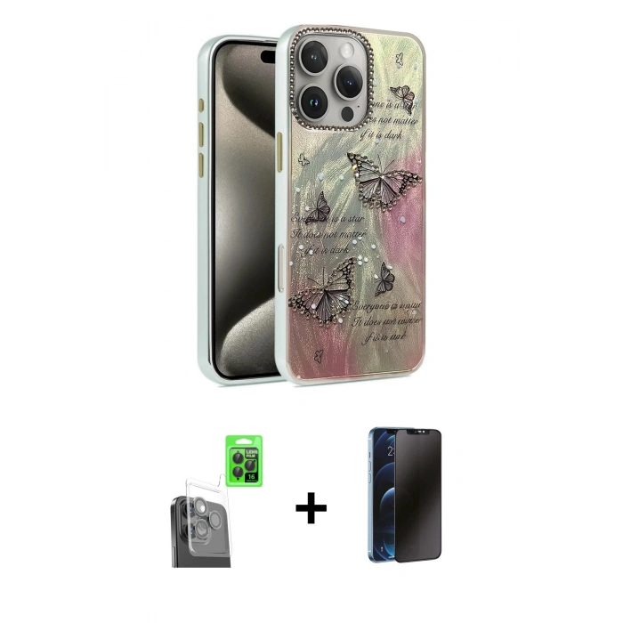 MARSİLYAN™- iPhone 16 Pro Kılıf Zirve Modern Prime - Siyah 3D Antistatik Hayalet Cam Ekran Koruyucu + Raze Metal Kamera Lens - SH