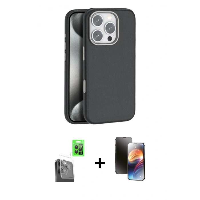 MARSİLYAN™- iPhone 16 Pro Kılıf Zirve Modern Prime - Siyah 3D Antistatik Mat Seramik Nano Ekran Koruyucu + Raze Metal Kamera Lens - SH