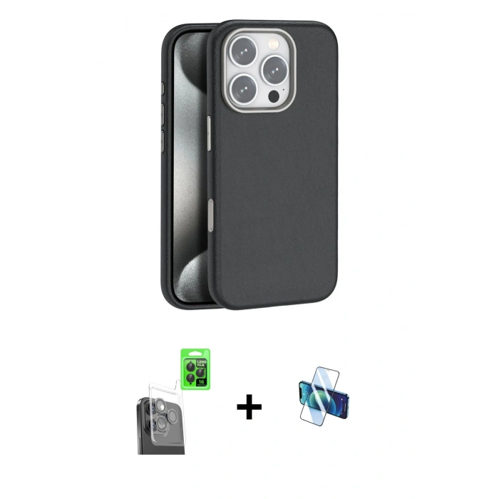 MARSİLYAN™- iPhone 16 Pro Kılıf Zirve Modern Prime - Siyah 3D Antistatik Seramik Nano Ekran Koruyucu + Raze Metal Kamera Lens - SH