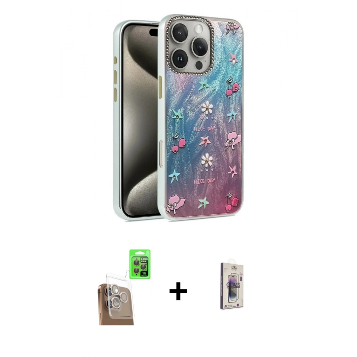 MARSİLYAN™- iPhone 16 Pro Kılıf Zirve Modern Prime - Siyah Bilvis 3D Cam Ekran Koruyucu + Çöl Titanyum Raze Metal Kamera Lens