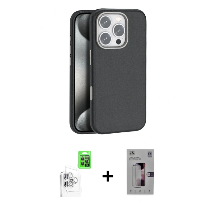 MARSİLYAN™- iPhone 16 Pro Kılıf Zirve Modern Prime - Siyah Bilvis 3D Mat Cam Ekran Koruyucu + Raze Metal Kamera Lens - BZ