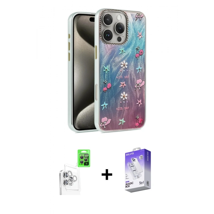 MARSİLYAN™- iPhone 16 Pro Kılıf Zirve Modern Prime - Siyah Bilvis 5in1 3D Magic Cam Ekran Koruyucu + Raze Metal Kamera Lens - BZ