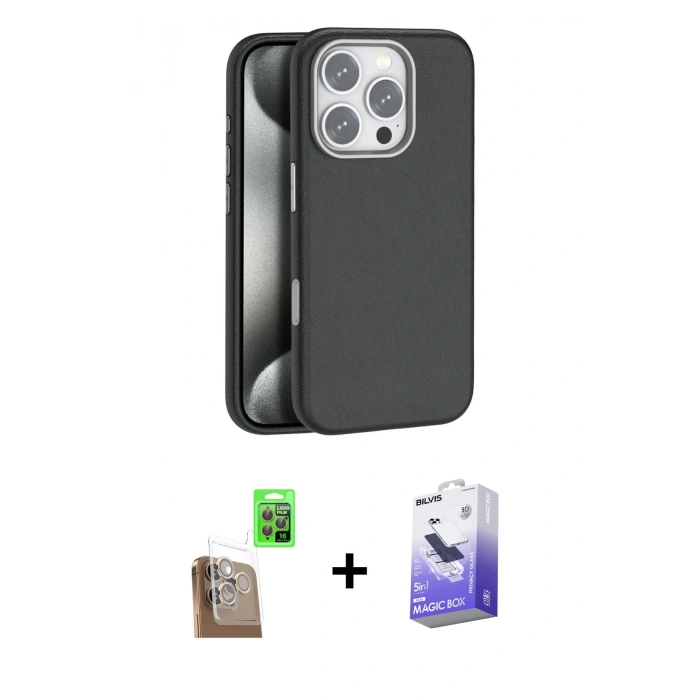 MARSİLYAN™- iPhone 16 Pro Kılıf Zirve Modern Prime - Siyah Bilvis 5in1 5D Magic Hayalet Cam Ekran Koruyucu + Raze Metal Kamera Lens - CLTM