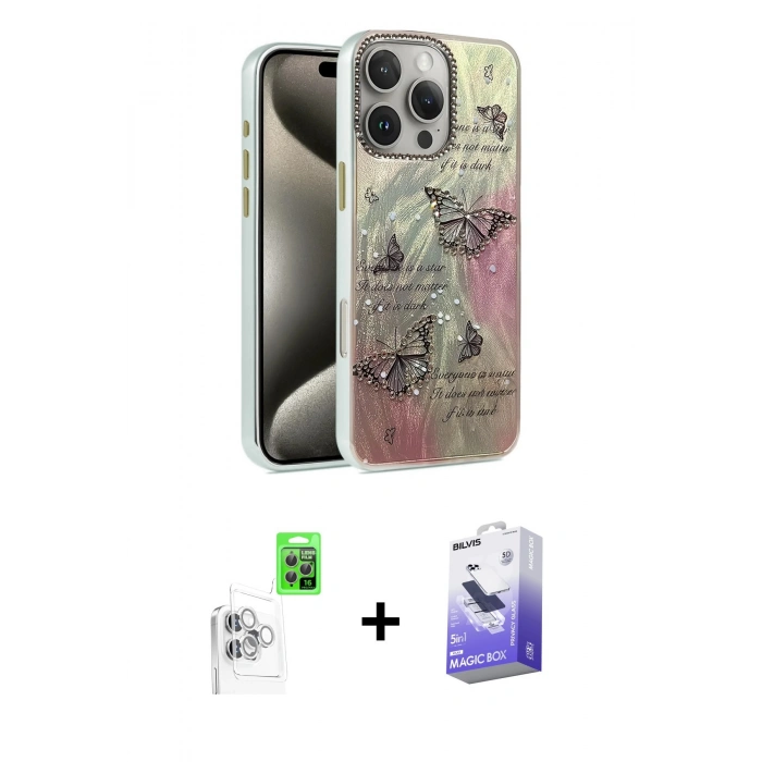 MARSİLYAN™- iPhone 16 Pro Kılıf Zirve Modern Prime - Siyah Bilvis 5in1 5D Magic Hayalet Cam Ekran Koruyucu + Raze Metal Kamera Lens - BZ