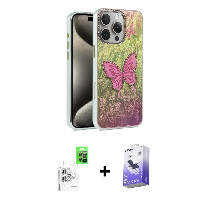 MARSİLYAN™- iPhone 16 Pro Kılıf Zirve Modern Prime - Siyah Bilvis 5in1 5D Magic Hayalet Cam Ekran Koruyucu + Raze Metal Kamera Lens - BZ