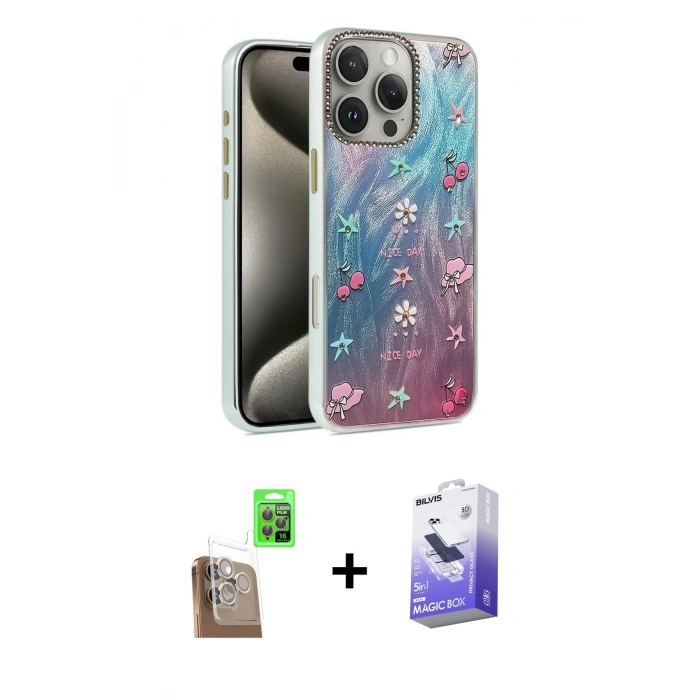 MARSİLYAN™- iPhone 16 Pro Kılıf Zirve Modern Prime - Siyah Bilvis 5in1 5D Magic Hayalet Cam Ekran Koruyucu + Çöl Titanyum Raze Metal Kamera Lens