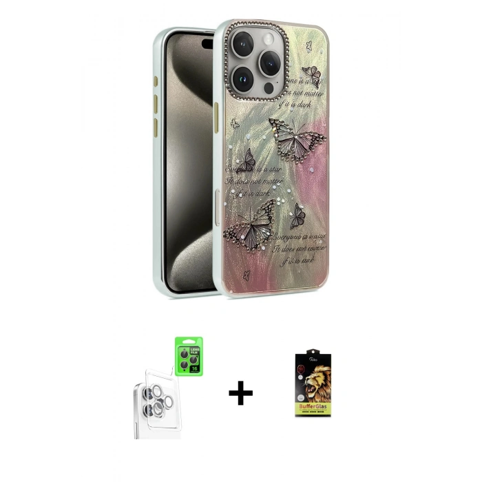 MARSİLYAN™- iPhone 16 Pro Kılıf Zirve Modern Prime - Siyah Buffer Cam Ekran Koruyucu + Raze Metal Kamera Lens - BZ