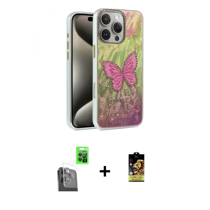 MARSİLYAN™- iPhone 16 Pro Kılıf Zirve Modern Prime - Siyah Buffer Cam Ekran Koruyucu + Raze Metal Kamera Lens - SH