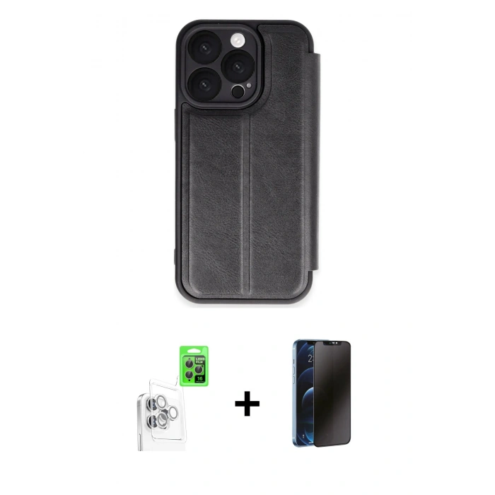 MARSİLYAN™- iPhone 16 Pro Kılıf Zirve Yansıma Serisi - Siyah 3D Antistatik Hayalet Cam Ekran Koruyucu + Raze Metal Kamera Lens - BZ