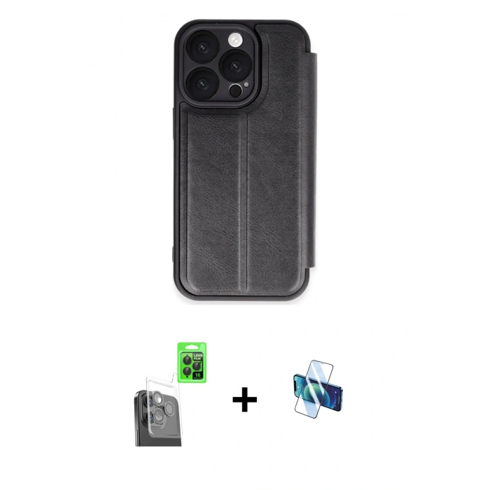 MARSİLYAN™- iPhone 16 Pro Kılıf Zirve Yansıma Serisi - Siyah 3D Antistatik Seramik Nano Ekran Koruyucu + Raze Metal Kamera Lens - SH