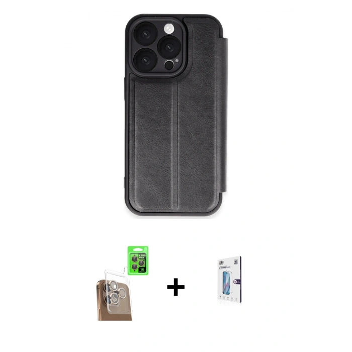 MARSİLYAN™- iPhone 16 Pro Kılıf Zirve Yansıma Serisi - Siyah Bilvis 0.18mm Plus Cam Ekran Koruyucu + Raze Metal Kamera Lens - CLTM