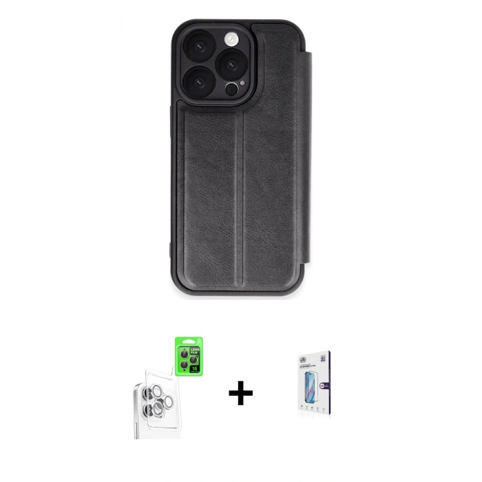 MARSİLYAN™- iPhone 16 Pro Kılıf Zirve Yansıma Serisi - Siyah Bilvis 0.18mm Plus Cam Ekran Koruyucu + Raze Metal Kamera Lens - BZ