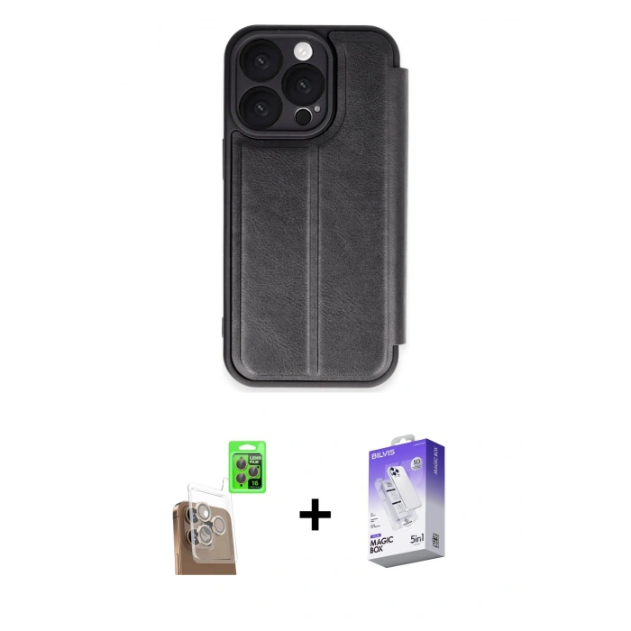 MARSİLYAN™- iPhone 16 Pro Kılıf Zirve Yansıma Serisi - Siyah Bilvis 5in1 3D Magic Cam Ekran Koruyucu + Raze Metal Kamera Lens - CLTM