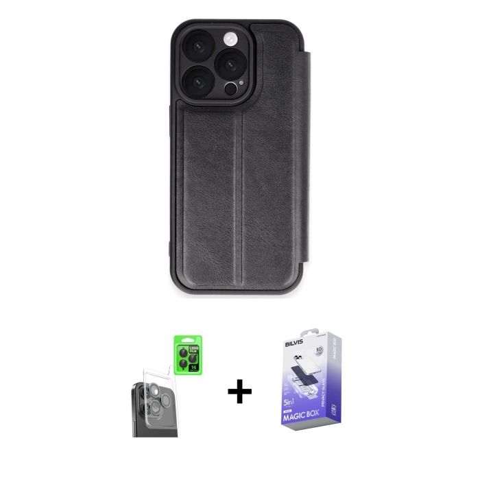 MARSİLYAN™- iPhone 16 Pro Kılıf Zirve Yansıma Serisi - Siyah Bilvis 5in1 5D Magic Hayalet Cam Ekran Koruyucu + Raze Metal Kamera Lens - SH