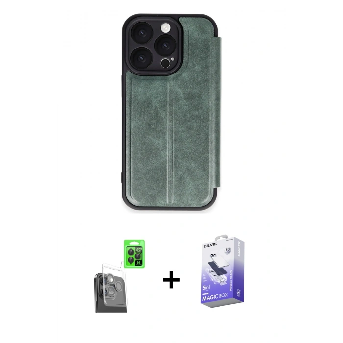 MARSİLYAN™- iPhone 16 Pro Kılıf Zirve Yansıma Serisi - Siyah Bilvis 5in1 5D Magic Hayalet Cam Ekran Koruyucu + Raze Metal Kamera Lens - SH