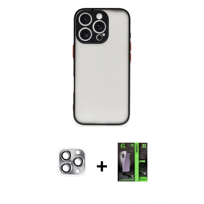 MARSİLYAN™- iPhone 16 Pro Max Kılıf Ahenk Çizgi Serisi - Şeffaf 360 Full Body Arka Koruyucu + Gri Pers Alüminyum Kamera Lens